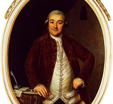 Man sieht ein Gemälde von Weingroßhändler Johann Jakob Herstatt in einem goldenen Rahmen.
