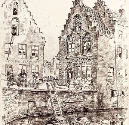 Man sieht eine Skizze einer Stadtszene aus Brügge.