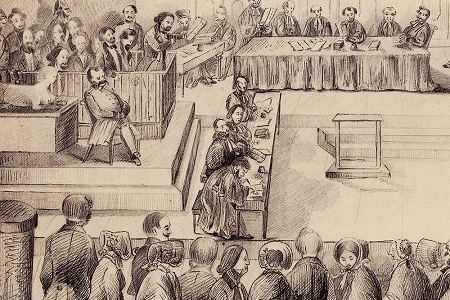 Zu sehen ist die Zeichnung einer Prozessszene. Das Bild zeigt einen Gerichtssaal mit vielen Menschen.