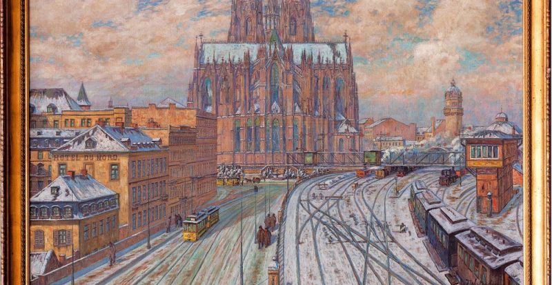 Man sieht eine winterliche Landschaft im impressionistischen Stil des Kölner Malers Fritz Westendorp von 1917. Zu sehen ist der schneebedeckte Kölner Dom.