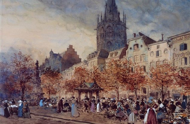 Man sieht ein Gemälde des Kölner Alter Markt aus dem Jahr 1910.