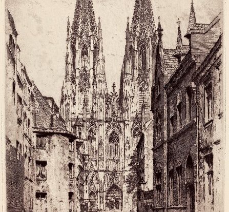 Man sieht eine Zeichnung des Kölner Doms aus dem Jahr 1930.