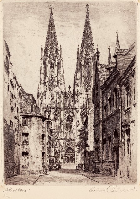 Man sieht eine Zeichnung des Kölner Doms aus dem Jahr 1930.