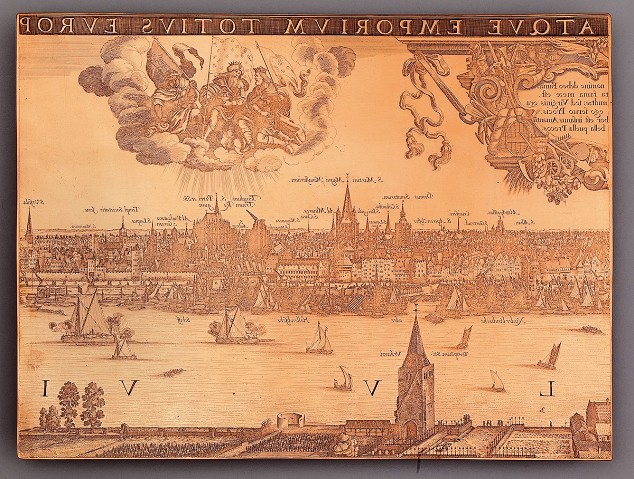 Man sieht eine frühneuzeitliche Darstellung des Kölner Panoramas aus dem Jahr 1636.