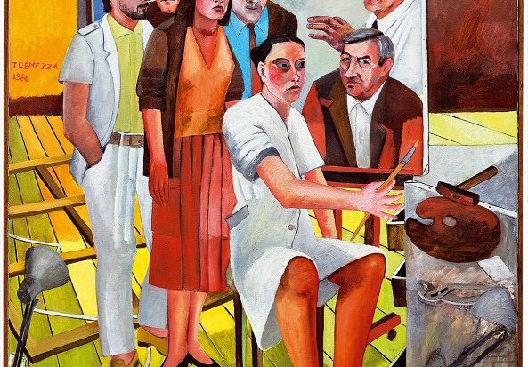 Man sieht ein Gruppenporträt der in Köln arbeitenden Künstlerin Tremezza von Brentano. Zu sehen sind mehrere Personen.