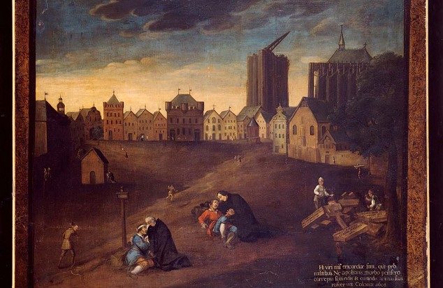 Man sieht ein düsteres Gemälde. Im Hintergrund ist der sich im Bau befindliche Kölner Dom zu sehen. im Vordergrund sieht man mehrere Personen. Einige halten andere Personen liegen im Arm.