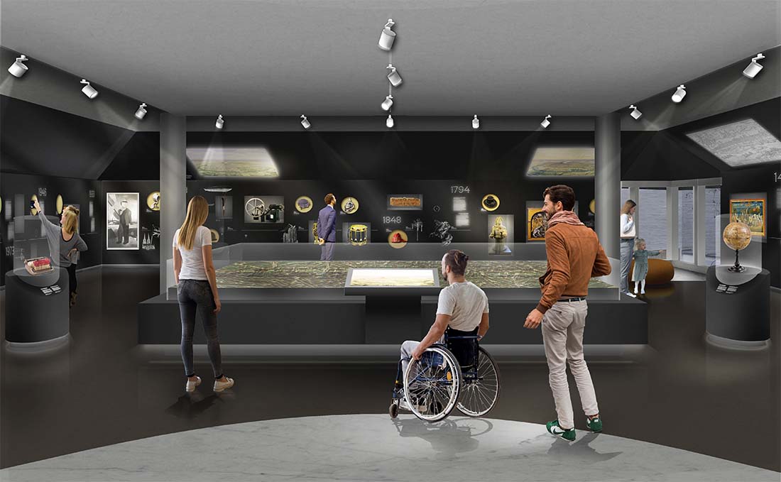Die Visualisierung zeigt den neuen Auftaktraum der Ausstellung. Er ist in einem dunklem Grauton gehalten. Es stehen Personen im Raum und schauen sich Ausstellungsgegenstände an.