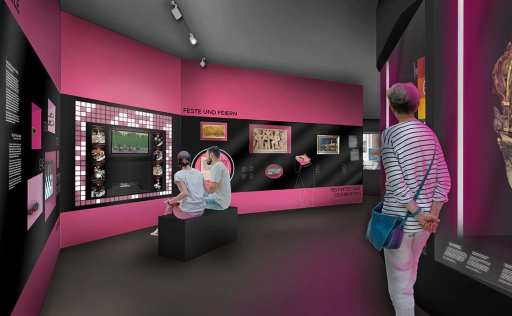 Die Visualisierung zeigt Personen im neuen Frageraum „Worauf haben wir Lust“ im Museum. Der Raum ist im Farbton rosa gehalten.