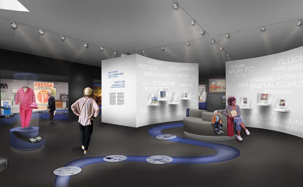 Die Visualisierung zeigt Personen im neuen Untergeschooss des Museums. Der Raum ist sehr hell und freundlich.