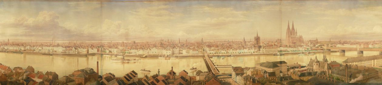 Man sieht einen gemalten Blick auf die alte Stadt Köln.