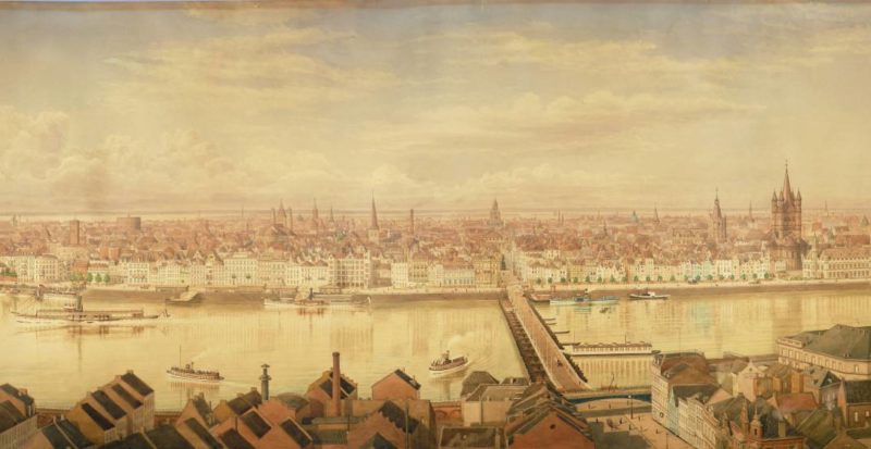 Man sieht einen gemalten Blick auf die alte Stadt Köln.