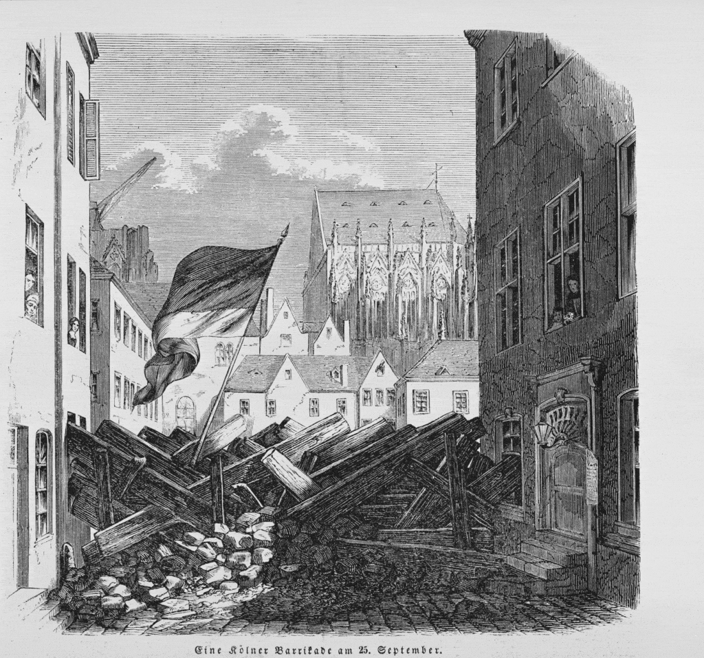 Das Bild zeigt die Kölner Barrikade ohne Verteidiger am 25.9.1848, Presse-Illustration, KSM