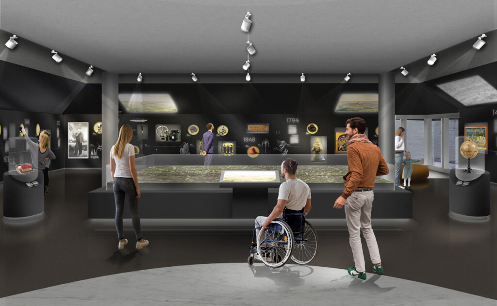 Auf dem Bild ist eine Visualisierung der neuen Ausstellung zu sehen. Im Vordergrund sind drei Personen zu erkennen, welche sich die Ausstellung anschauen. Eine Person sitzt im Rollstuhl.