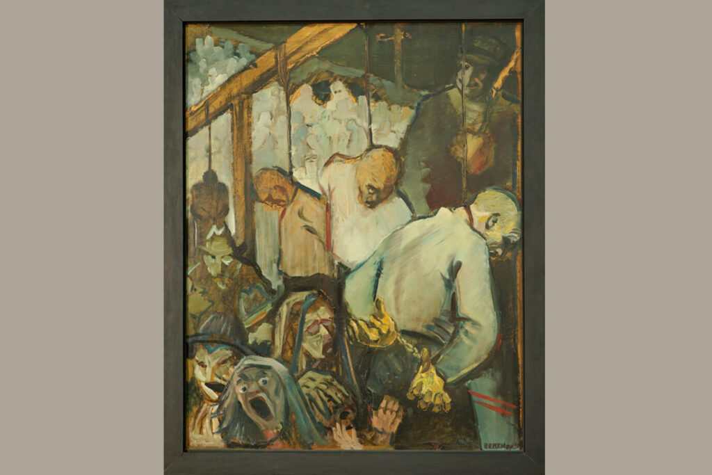 Das Gemälde zeigt mehrere Personen, die an einem Galgen hängen. Die Stimmung und die Farben des Bildes sind düster.
