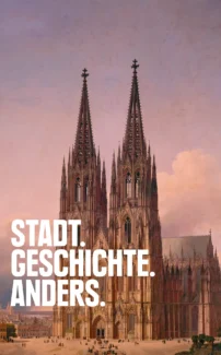 Gemälde des Kölner Doms mit Text "Stadt. Geschichte. Anders."