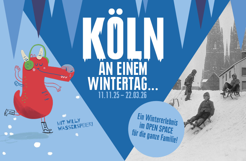 Mischung aus Grafik und Bild. Text auf dem Bild: Köln an einem Wintertag.