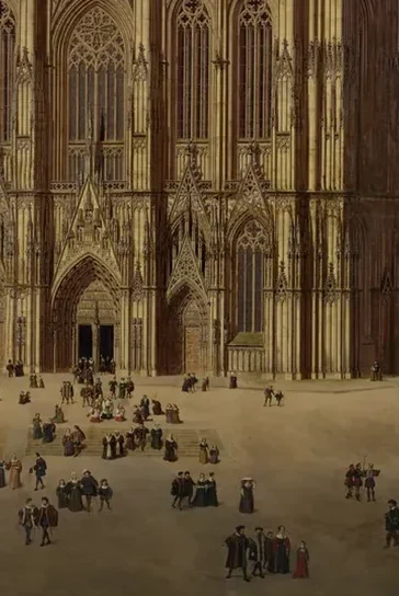 Gemälde des Kölner Doms mit zwei vollendeten Türmen im Abendlicht, davor winzige Menschen auf dem Domplatz.
