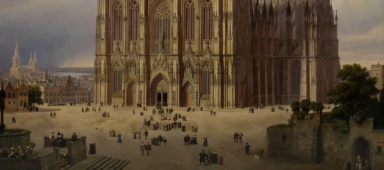 Gemälde des Kölner Doms mit zwei vollendeten Türmen im Abendlicht, davor winzige Menschen auf dem Domplatz.