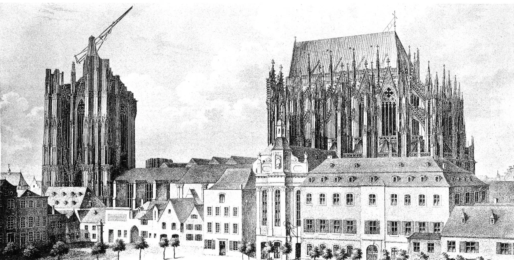 Historische Zeichnung des unvollendeten Kölner Doms, auf dem Südturm steht der hölzerne Baukran.