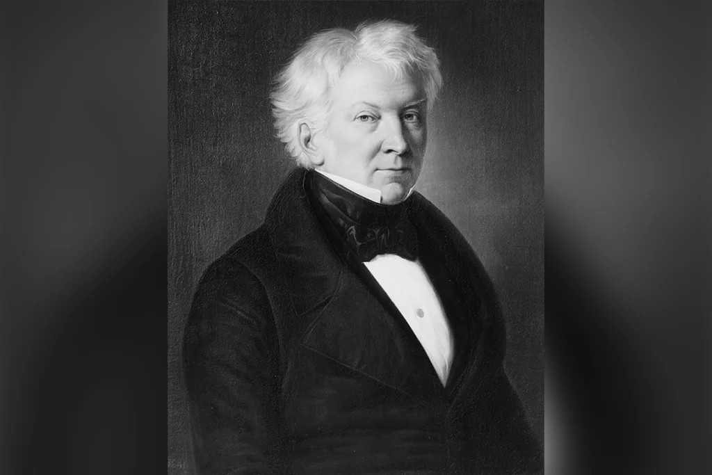 Gemaltes Porträt eines Mannes mittleren Alters im dunklen Mantel, halb zum Betrachter gewandt.