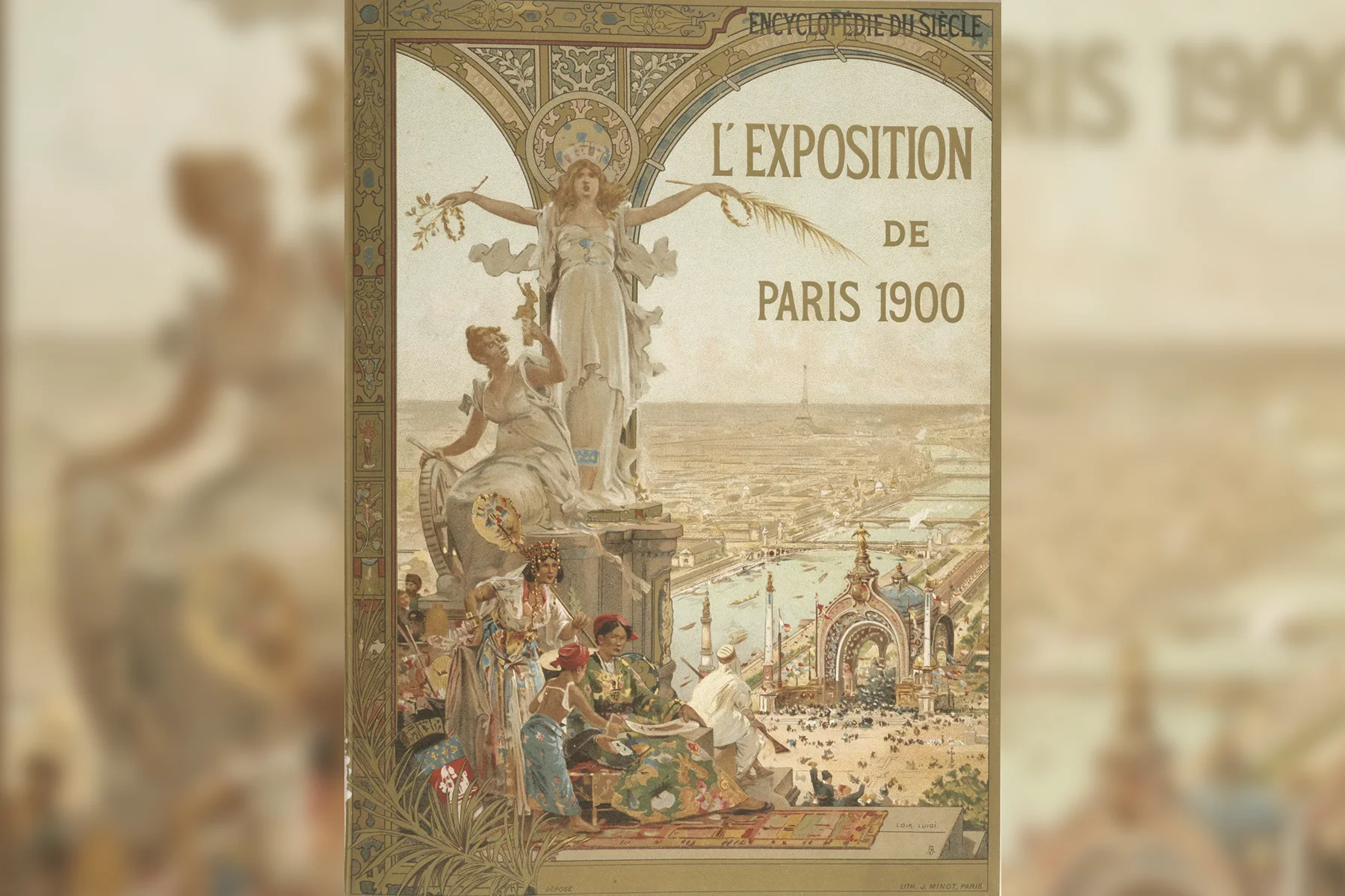 Historisches Plakat der Pariser Weltausstellung von 1900 mit einer Frauenfigur in wehendem Gewand