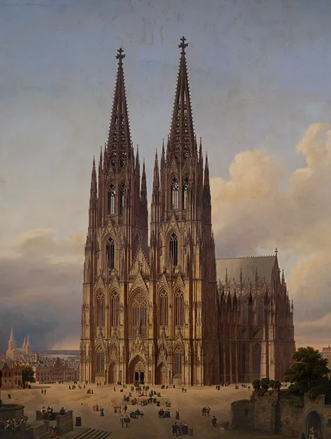 Gemälde des Kölner Doms mit zwei vollendeten Türmen, davor Menschen auf dem Domplatz
