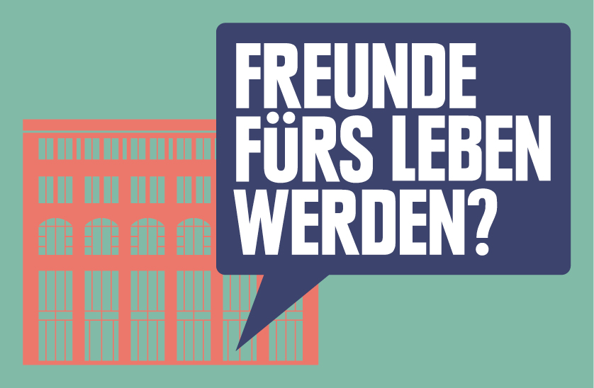 „Freunde fürs Leben werden?“, Kachel des Freundeskreises mit gezeichneter Museumsfassade